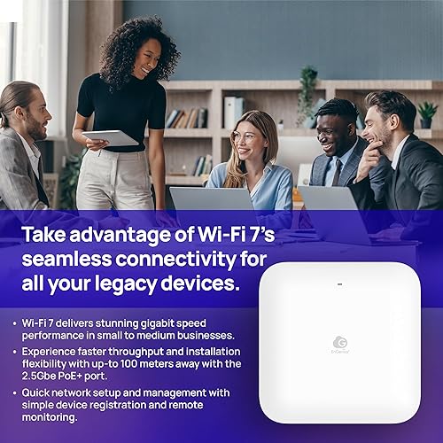 EnGenius ECW520 Wi-Fi 7 Tri-Band Indoor Access Point – 10.8 Gbps Speeds, 2x2x2 MU-MIMO, 2.5GbE PoE+, 2.4/5/6GHz, 320MHz Channels, Supports 500 Devices, 1,200 Sq Ft Coverage, Cloud Managed