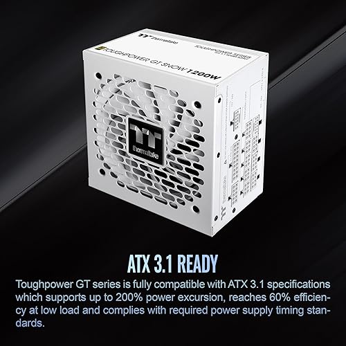 Thermaltake Toughpower GT 1200W; ATX 3.1; x2 Native PCIe 5.1 12V-2x6; Full Modular; Flat Cables; Color Matched Connectors; Japanese Main Capacitors; 80 Plus Gold; 140mm; Snow; PS-TPT-1200FNFAGU-W