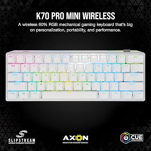 Corsair K70 PRO MINI WIRELESS RGB 60% Mechanical Gaming Keyboard - Fastest Sub-1ms Wireless, Swappable CHERRY MX Red Keyswitches, Aluminum Frame, PBT Double-Shot Keycaps - NA Layout, QWERTY - White CHERRY MX RED Switches