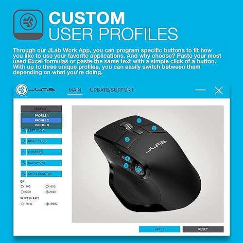 JLab Epic Wireless Mouse, Connect Via Bluetooth or USB Wireless Dongle, Multi-Device Toggle, Up to 3 Devices, OLED Display, Custom User Profiles, Adjustable Tracking, Full-Size