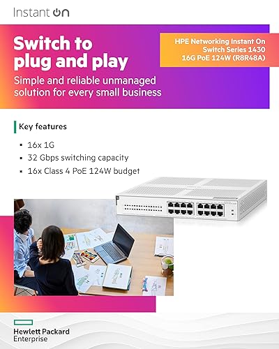 HPE Networking Instant On Switch Series 1430 16-Port Gb Unmanaged Layer 2 Ethernet Switch with PoE | 16x 1G | 16x CL4 PoE (124W) | Fan-Less | US Cord (R8R48A#ABA) 16G 124W