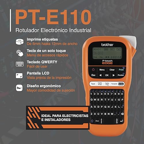 Brother PTE110 Entry Level Industrial Handheld Labeling Tool Kit - Up to 12mm Labels, Orange PT-E110 Kit + 1 Tape