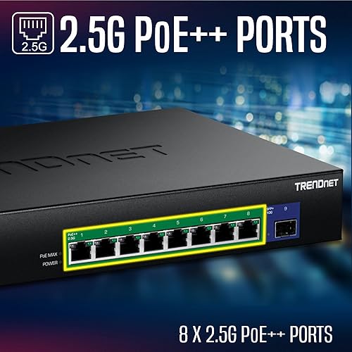 TRENDnet 9-Port 2.5G GaN Power PoE++ Switch with 10G SFP+ Port (480W), TPE-BG5091, 8 x 2.5G PoE++ Ports, 1 x 10G SFP+ Port, 480W, 60Gbps, NDAA TAA Compliant for Government use, Lifetime Protection