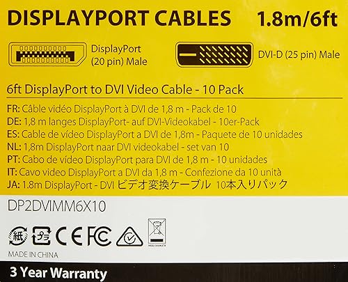 StarTech.com 10-Pack 6ft DisplayPort to DVI Cable - DisplayPort 1.2 to DVI-D Video Adapter Cable - 1080p - Passive DP++ to DVI Monitor Converter Cable - DP to DVI Digital Display - M/M (DP2DVIMM6X10) 6 feet Pkg of 10