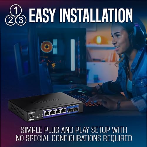 TRENDnet 6-Port Unmanaged Multi-Gig Switch, 4 x 2.5GBASE-T Ports, 2 x 10G SFP+ Ports Fanless, Compact Desktop Design, Metal Housing, Network Ethernet Switch, Lifetime Protection, Black, TEG-S562 4 Port 2.5G + 2 Port SFP+