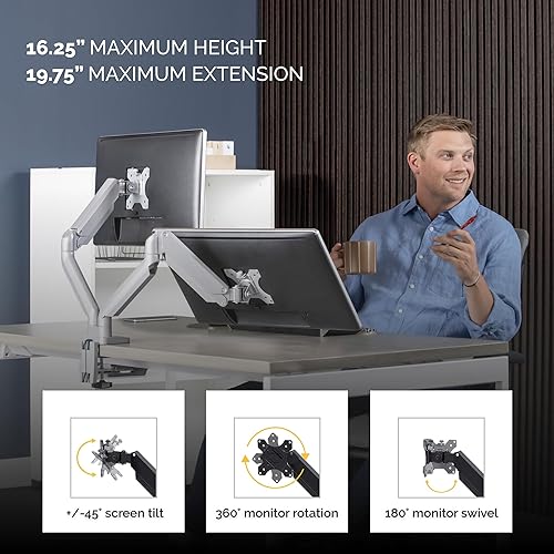 Fellowes Platinum Series Adjustable Dual Monitor Arm, Silver, Gas Spring, VESA Bracket, Clamp or Grommet Mount, Holds Two Monitors 32 / 17.6 lbs Each