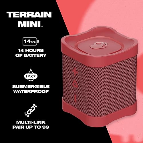 Skullcandy Terrain Mini Wireless Bluetooth Speaker - IPX7 Waterproof Portable Speaker with Dual Custom Passive Radiators, 14 Hour Battery, Nylon Wrist Wrap, & True Wireless Stereo Red