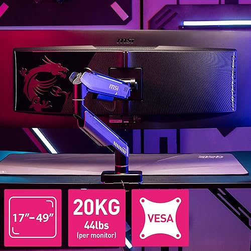 MSI MPG MT201R V2 - Premium RGB Single Monitor Stand Arm, Supports 17-49 Screens and 44 lbs, VESA Compatible, Adjustable Heavy Duty Gas Spring Mount, Clamp & Grommet, Quick Release Plate - Gray