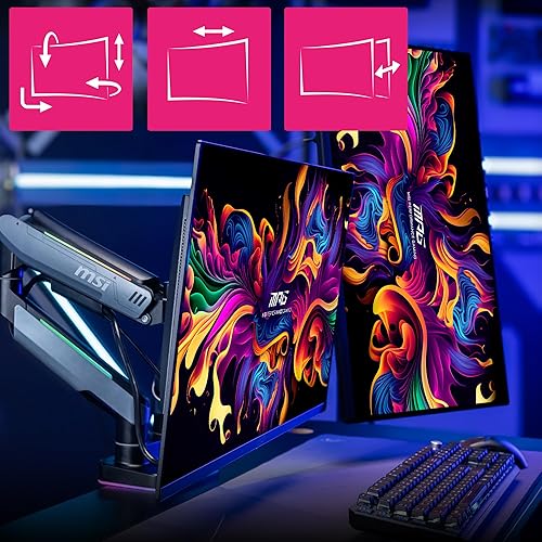 MSI MPG MT201DR V2-Premium RGB Dual Monitor Stand Arms,17-35 Support,VESA Compatible,Adjustable Heavy Duty Gas Spring Mount,44 lbs per Screen Capacity,Clamp&Grommet,Quick Release Plate-Gray