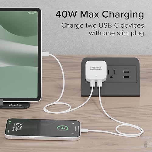 Plugable Dual USB C Charger Block, 40W Foldable 2-Port Fast Charging Flat USB C Wall Charger, Power Delivery for iPhone 15, iPad, AirPods, Samsung Galaxy, Pixel (PS-40C2W) White