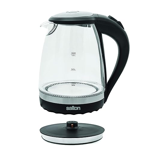 Salton Cordless Electric Compact Glass Kettle, Water Boiler and Tea Heater, Soft Blue Illumination, 1.5 Liter/Quart with Automatic Shut-Off and Boil-Dry Protection, 1100 Watts (GK1831)