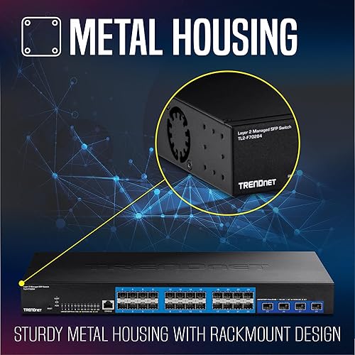 TRENDnet 28-Port Layer 2 Managed SFP Switch with 10G SFP+ Ports, TL2-F70284, 24 x Gigabit SFP Ports, 4 x 10G SFP+ Ports, Web Based Management, 128Gbps Switching Capacity, Lifetime Protection, Black 24 x Gigabit SFP|4 x 10G SFP+