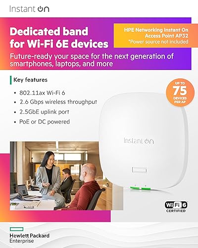 HPE Networking Instant On Access Point AP32 2x2 WiFi 6E Indoor Wireless Access Point | Secure, Tri-Band, Future Ready | Power Source Not Included | US Model (S1T22A) Power Adapter Not Included