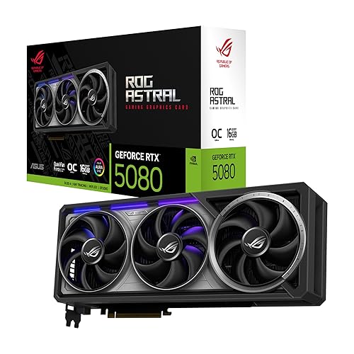 ASUS ROG Astral GeForce RTX™ 5080 OC Edition Gaming Graphics Card (PCIe® 5.0, 16GB GDDR7, HDMI®/DP 2.1, 3.8-Slot, 4-Fan Design, Axial-tech Fans, Patented Vapor Chamber, Phase-Change GPU Thermal pad) RTX5080|OC RTX5080|OC