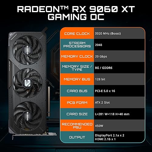 GIGABYTE Radeon RX 9060 XT Gaming OC 8G Graphics Card, PCIe 5.0, 8GB GDDR6, GV-R9060XTGAMING OC-8GD Video Card