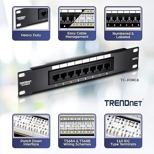 TRENDnet 8-Port Cat6 Unshielded Patch Panel, TC-P08C6, Rackmount, 10 Inch Wide, 8 x Gigabit RJ-45 Ethernet Ports, Pre-Numbered Ports, 250 Mhz Connection, Color Coded Labeling, 110 IDC Terminal Blocks