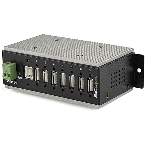 StarTech.com 7-Port USB 2.0 Hub - Metal Industrial USB-A Hub with ESD & 350W Surge Protection - Extended Operating Temp -40 to 185°F - Din Rail/Wall/Desk Mountable - USB Expander Hub (HB20A7AME)