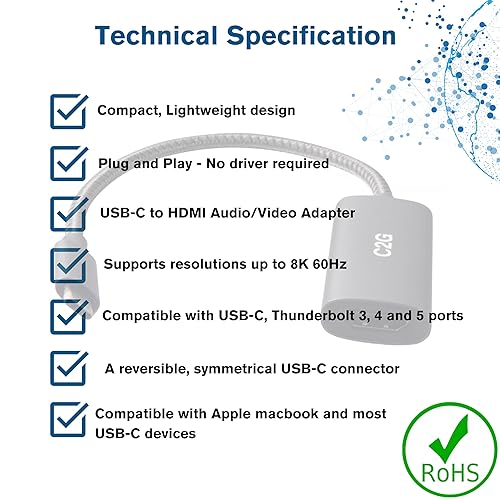 C2G USB-C® to HDMI® Video Adapter - Super Ultra High Definition (SUHD) USB C to HDMI® 8K 60Hz 4320p