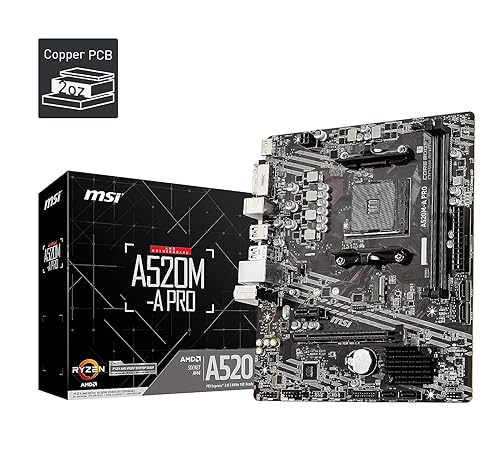 MSI A520M-A PRO Gaming Motherboard (AMD Ryzen 5000, AM4, DDR4, PCIe 3.0, SATA 6Gb/s, M.2, USB 3.2 Gen 1, DVI/HDMI, Micro-ATX)