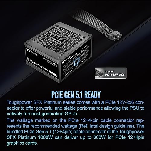 Thermaltake Toughpower SFX 1000W 80Plus Platinum ATX 3.1 Standard Power Supply; 600W 12V-2x6 Connector Included; Full Modular; 90mm FDB Fan; PS-STP-1000FNFAPU-1; 7 Year Warranty