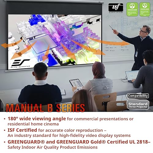 Elite Screens Manual B Series, 100-inch Diagonal 4:3, Pull Down Projection Manual Projector Screen with Auto Lock, M100V, White, 4:3, 100-inch