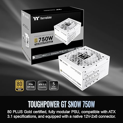 Thermaltake Toughpower GT 750W Snow ATX 3.1 Power Supply; 80 Plus Gold Efficiency; Smart Zero Fan; Native 600W PCIe 5.1 Connector; PS-TPT-0750FNFAGU-W; 5 Year Warranty 750W Gold (ATX 3.1)