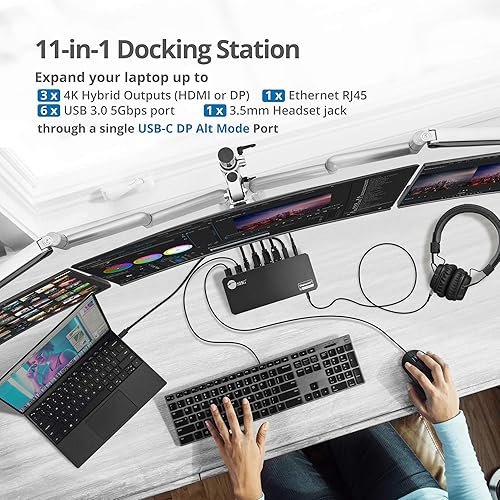 SIIG Triple 4K Video Docking Station with USB-C DP Alt Mode, Thunderbolt 3, DisplayLink Certified, Compatible with USB-A, USB-C, Supports 5K/4K/1080p Displays, Black