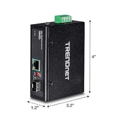 TRENDnet Industrial SFP to Gigabit PoE+ Media Converter, IP30 Rated Housing, Operating Temperature Range -40°– 75 °C to (-40° – 167 °F), TI-PF11SFP, Black Gigabit PoE+ SFP
