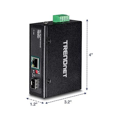 TRENDnet Industrial SFP to Gigabit PoE+ Media Converter, IP30 Rated Housing, Operating Temperature Range -40°– 75 °C to (-40° – 167 °F), TI-PF11SFP, Black Gigabit PoE+ SFP