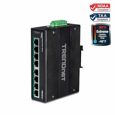 TRENDnet 8-Port Hardened Industrial Unmanaged Gigabit 10/100/1000Mbps DIN-Rail Switch w/ 8 x Gigabit PoE+ Ports, TI-PG80B, 24 – 56V DC Power inputs with Overload Protection 8 Port w/ Boost Voltage