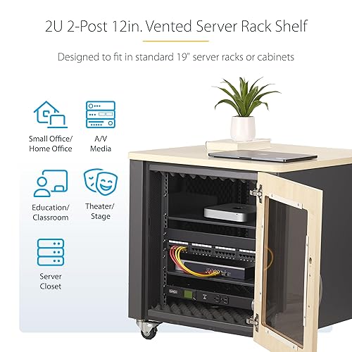 StarTech.com 2U Rack Shelf, 12 Mounting Depth, Vented Cantilever Tray for 19 AV/Network Equipment, 25lb Capacity, for Small Office/Home Office (SOHO) 2U 12 Depth