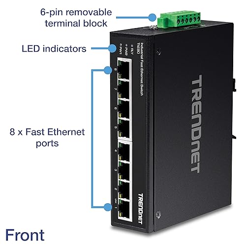 TRENDnet 8-Port Industrial Unmanaged Fast Ethernet DIN-Rail Switch, TI-E80, 8 X Fast Ethernet Ports, 12 – 56 VDC Redundant Power inputs, 6Kv ESD and 2Kv Eft Protection, Lifetime Protection
