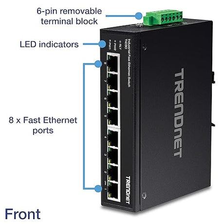 TRENDnet 8-Port Industrial Unmanaged Fast Ethernet DIN-Rail Switch, TI-E80, 8 X Fast Ethernet Ports, 12 – 56 VDC Redundant Power inputs, 6Kv ESD and 2Kv Eft Protection, Lifetime Protection