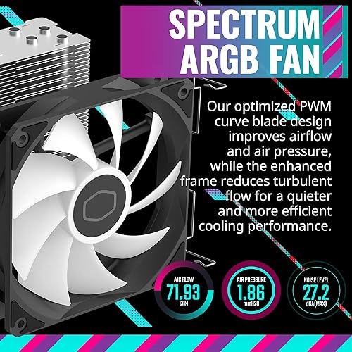 Cooler Master Hyper 212 Spectrum V3 CPU Air Cooler, ARGB Sync, 120mm PWM Fan, 4 Copper Direct Contact Heat Pipes, 152mm Tall, Brackets AMD Ryzen AM5/AM4, Intel LGA1700/1200 (RR-S4NA-17PA-R1)