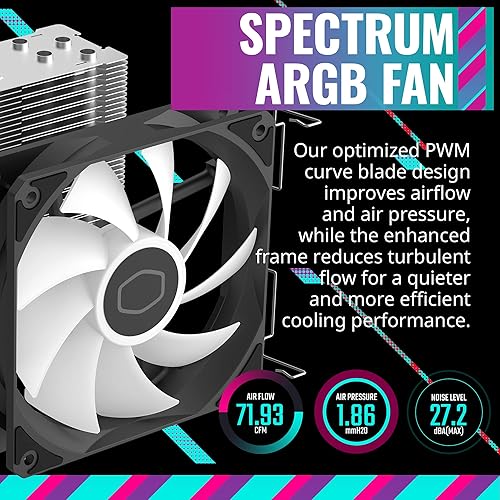 Cooler Master Hyper 212 Spectrum V3 CPU Air Cooler, ARGB Sync, 120mm PWM Fan, 4 Copper Direct Contact Heat Pipes, 152mm Tall, AMD Ryzen AM5/AM4, Intel LGA1700/1200 (RR-S4NA-17PA-R1)