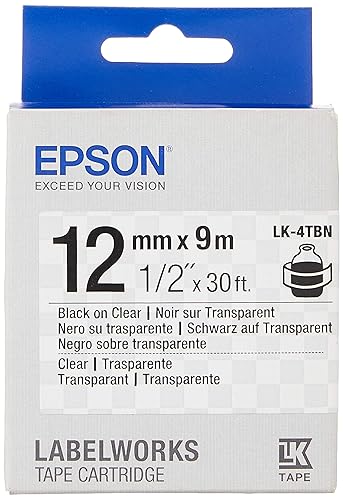Epson LabelWorks Clear LK (Replaces LC) Tape Cartridge 1/2 Black on Clear (LK-4TBN) - for use with LabelWorks LW-300, LW-400, LW-600P and LW-700 Label Printers