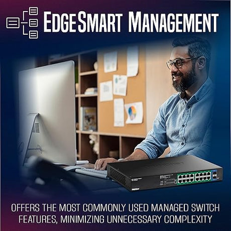 TRENDnet 18-Port Gigabit EdgeSmart PoE+ Switch, TPE TG182ES, 240W PoE Power Budget, 16 x Gigabit PoE+ Ports, 2 x Gigabit SFP Ports, Managed Network Ethernet Switch, Lifetime Protection, Black