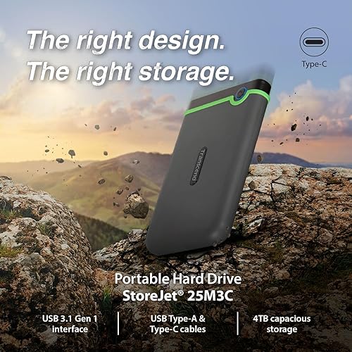 Transcend 4TB USB 3.1 Gen 1 USB Type-C StoreJet 25M3C Rugged External Hard Drive TS4TSJ25M3C, Green 4TB Type C to Type C Green