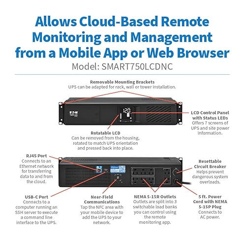 Tripp Lite Eaton Series SMART750LCDNC Cloud-Connected 750VA Rack Mount UPS Battery Backup, Online Remote Management & Monitoring, 475W 120V, 8 Outlets, 2U Rackmount, 3-Year Warranty