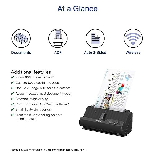 Epson Workforce ES-C320W Wireless Compact Desktop Document Scanner with 2-Sided Scanning and Auto Document Feeder (ADF) for PC and Mac