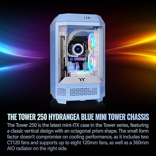 Thermaltake Tower 250 Hydrangea Blue Mini-ITX Mini Tower; 2x120mm CT Fans Included; 360mm Radiator Support; 360mm GPU Clearance; Dual Chamber; CA-1Z9-00SFWN-00 Tower 250 Hydrangea Blue Case