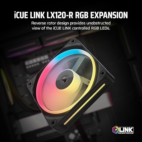 CORSAIR iCUE Link LX120-R RGB 120mm PWM Reverse Fan – Single Fan – Low-Noise, CORSAIR Magnetic Dome Bearing, Dual Light Loops, CORSAIR QuikTurn™ Screws, Zero RPM Mode – Black 1 x 120mm Black