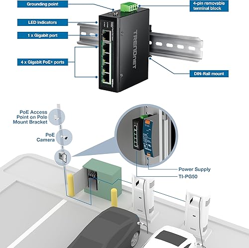 TRENDnet 5-Port Hardened Industrial Unmanaged Gigabit 10/100/1000Mbps DIN-Rail Switch w/ 4 x Gigabit PoE+ Ports, 1 x Gigabit Port, TI-PG50