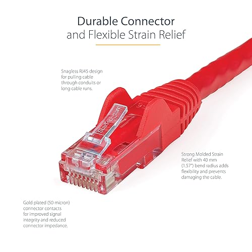 StarTech.com 125ft CAT6 Ethernet Cable - Red CAT 6 Gigabit Ethernet Wire -650MHz 100W PoE RJ45 UTP Network/Patch Cord Snagless w/Strain Relief Fluke Tested/Wiring is UL Certified/TIA (N6PATCH125RD) Red 125 ft / 38 m
