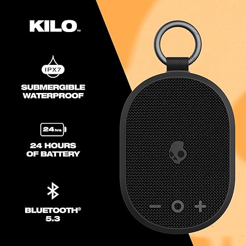 Skullcandy Kilo Wireless Bluetooth Speaker - IPX7 Waterproof Mini Bluetooth Speaker with 24 Hour Battery, Downward Firing Passive Radiator, and True Wireless Pairing - Perfect for Outdoor Black