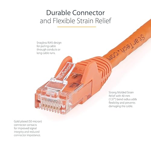 StarTech.com 125ft CAT6 Ethernet Cable - Orange CAT 6 Gigabit Ethernet Wire -650MHz 100W PoE RJ45 UTP Network/Patch Cord Snagless w/Strain Relief Fluke Tested/Wiring is UL Certified/TIA (N6PATCH125OR) Orange 125 ft / 38 m