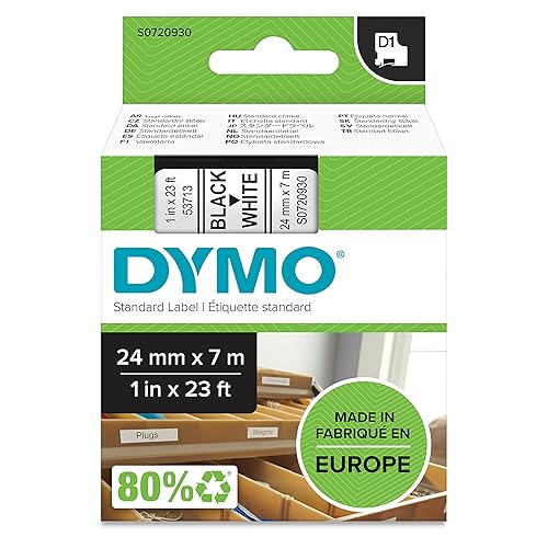 DYMO 53713 D1 High-Performance Polyester Removable Label Tape, 1 x 23 ft, Black on White 24 mm x 7 m Black/White