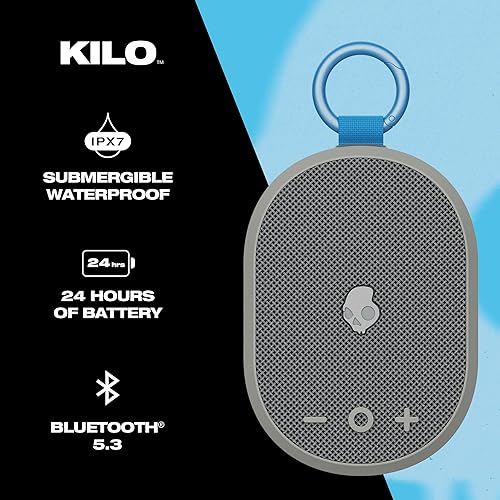 Skullcandy Kilo Wireless Bluetooth Speaker - IPX7 Waterproof Mini Bluetooth Speaker with 24 Hour Battery, Downward Firing Passive Radiator, and True Wireless Pairing - Perfect for Outdoor Grey