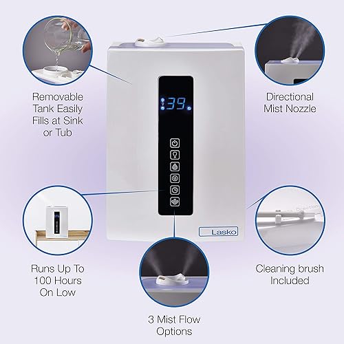 Lasko UH300 Warm and Cool Mist Humidifier with Humidistat and Timer, Quiet, Soothing Ultrasonic Dual Mist Humidifiers for Baby Nursery, Bedroom, Kids, Large Room and Home, 4.9L Tank, No Filter