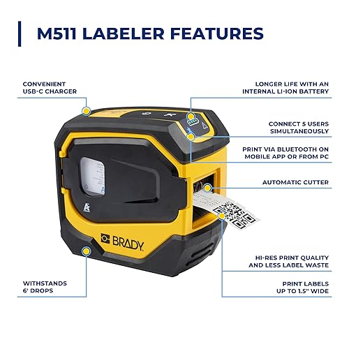 Brady M511 Portable Wireless Industrial Label Printer, Bluetooth Compatible, Comes with a Hard Case, Power Brick, 3 Label Cartridges, Magnet, Utility Hook Workstation Product/Wire Suite Printer Printer Kit